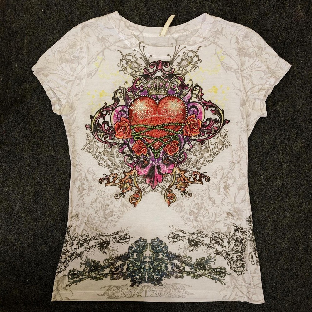 Vtg Y2K McBling Rhinestone Sacred Heart Graphic Tee Women S Cross Fairy Grunge